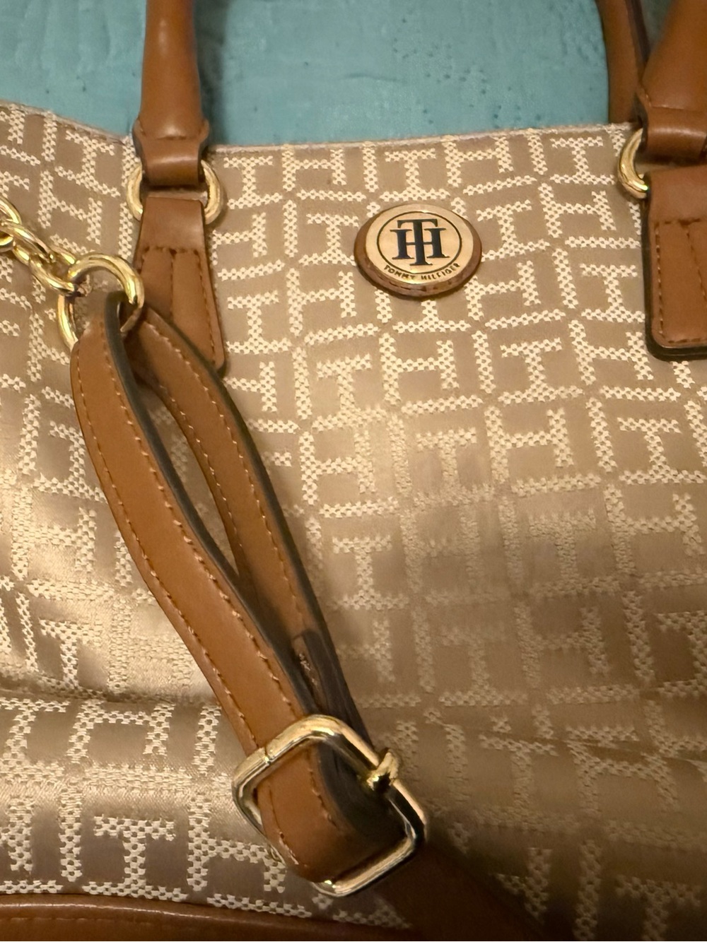 Tommy Hilfiger Tan Monogram Tote with Gold Hardware